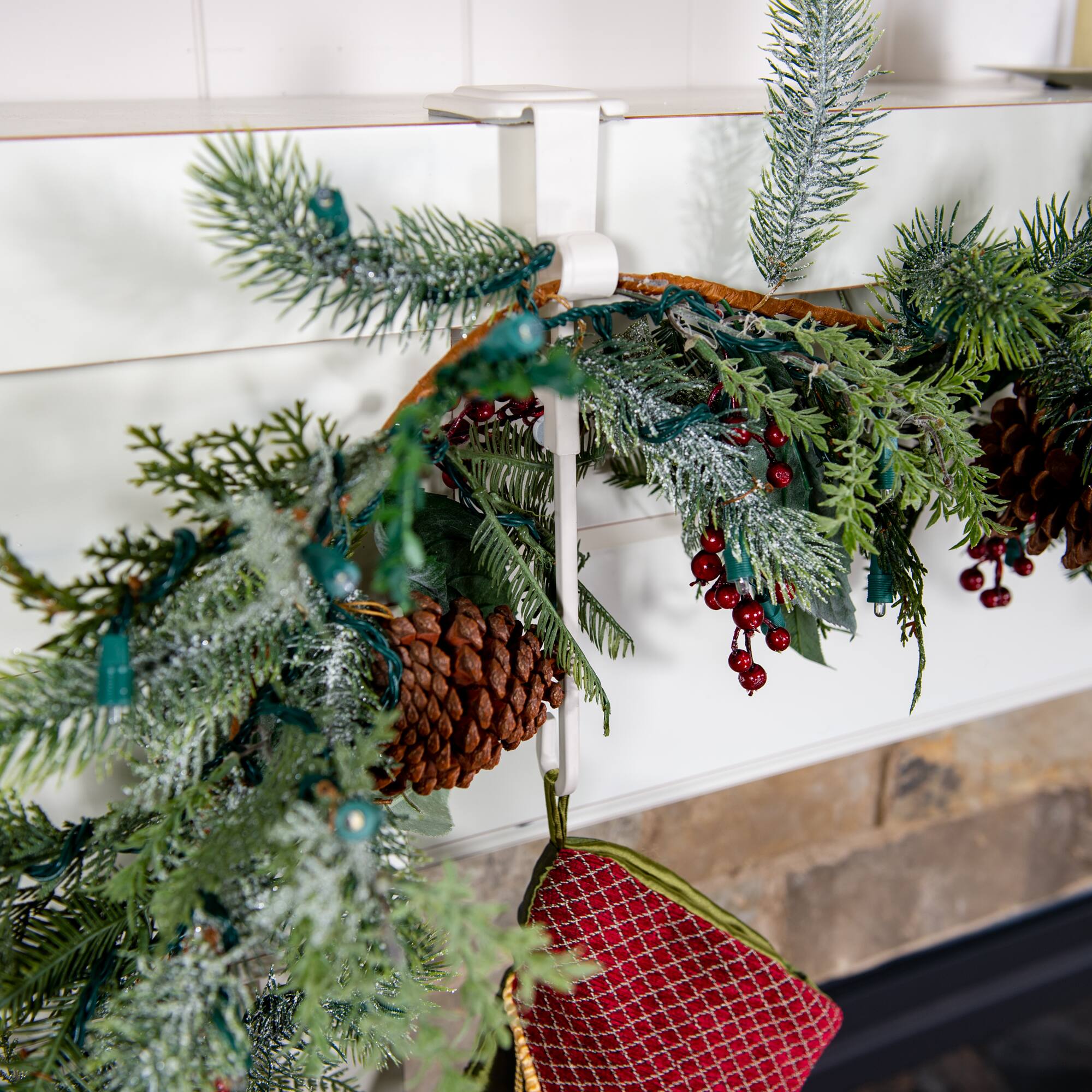 White Mantel Garland & Christmas Stocking Hanger, 2ct.